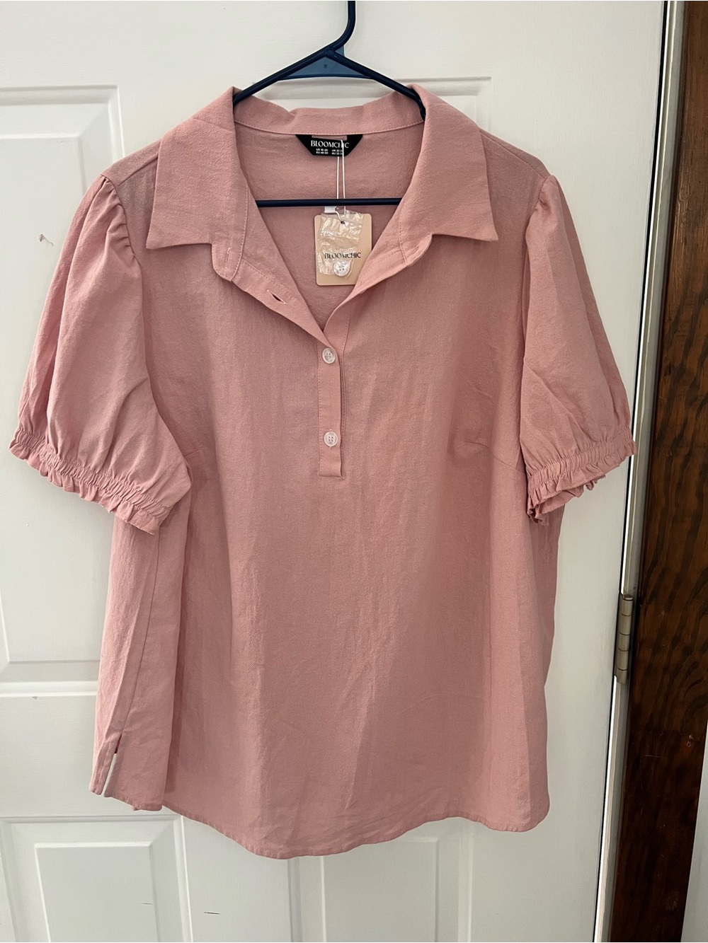 BloomChic Dusty Pink Puff-Sleeve Polo Blouse